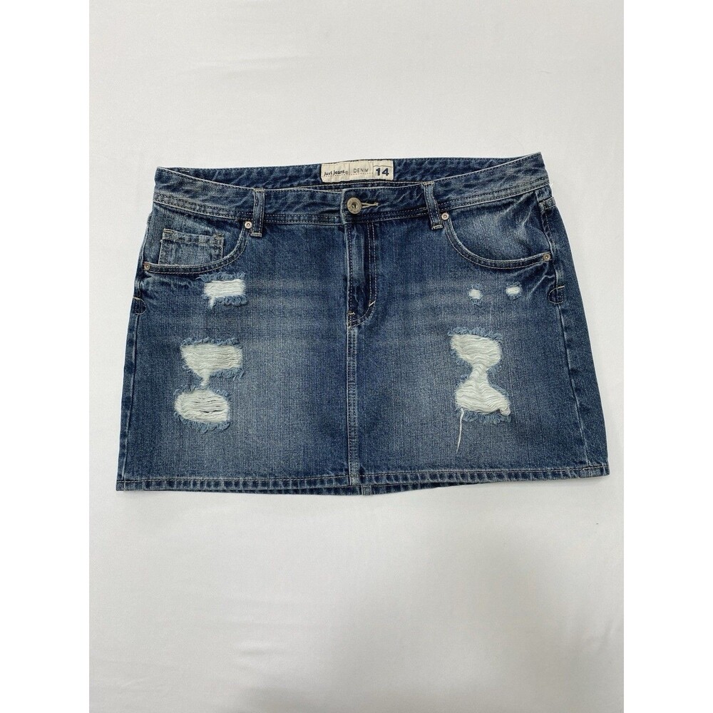 Just Jeans Denim Mini Skirt Size 14 Distressed Y2K Casual Jean Skirt